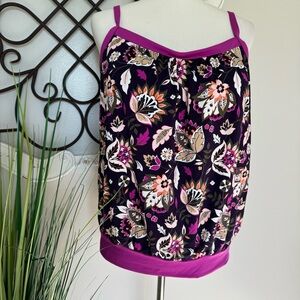LANDS’ END Size 14 Blouson Style Purple Floral Tankini Swimsuit Top